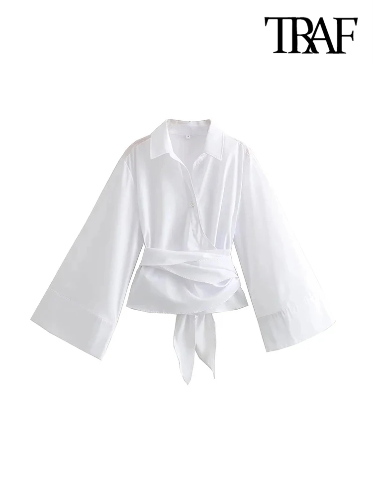 TRAF-Camicette kimono a maniche lunghe da donna con papillon, bottone frontale, camicie da donna, top chic, moda