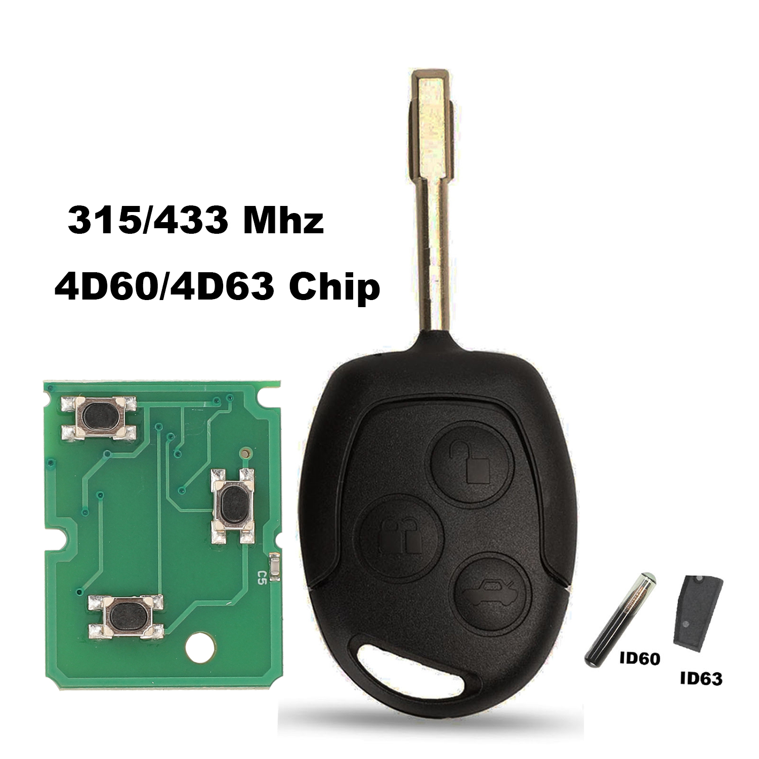 jingyuqin Remote Car Key For Ford Mondeo Focus Fusion Fiesta Galaxy Transit 3 Buttons Fob 315/433MHz 4D60 ID63 Chip Full Key