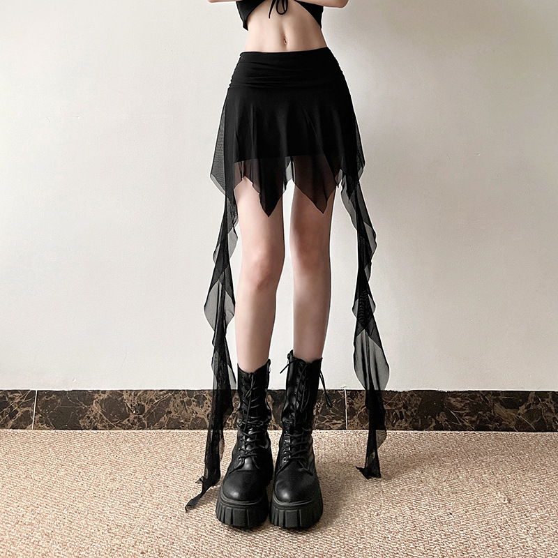 Goth Dark 2000S Estetyczny nieregularny brzeg Krótka spódnica Gothic Fashion Wysoka talia Slim A-Line Spódnice E-girl Streetwear Mesh Bottoms