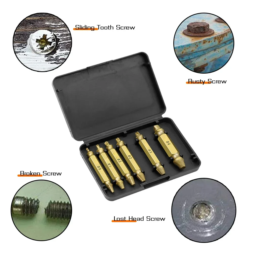 Extractor de tornillos dañados, juego de extractores de tornillos pelados, herramientas de demolición de tornillos rotos de doble punta, 6 uds.