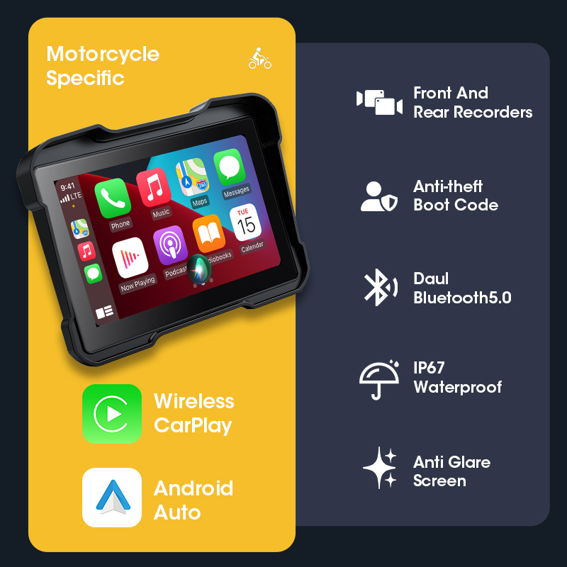 5 "インチオートバイポータブルナビゲーション GPS ワイヤレス Carplay Android 自動表示画面 IPX7 防水モトモニター WIFI