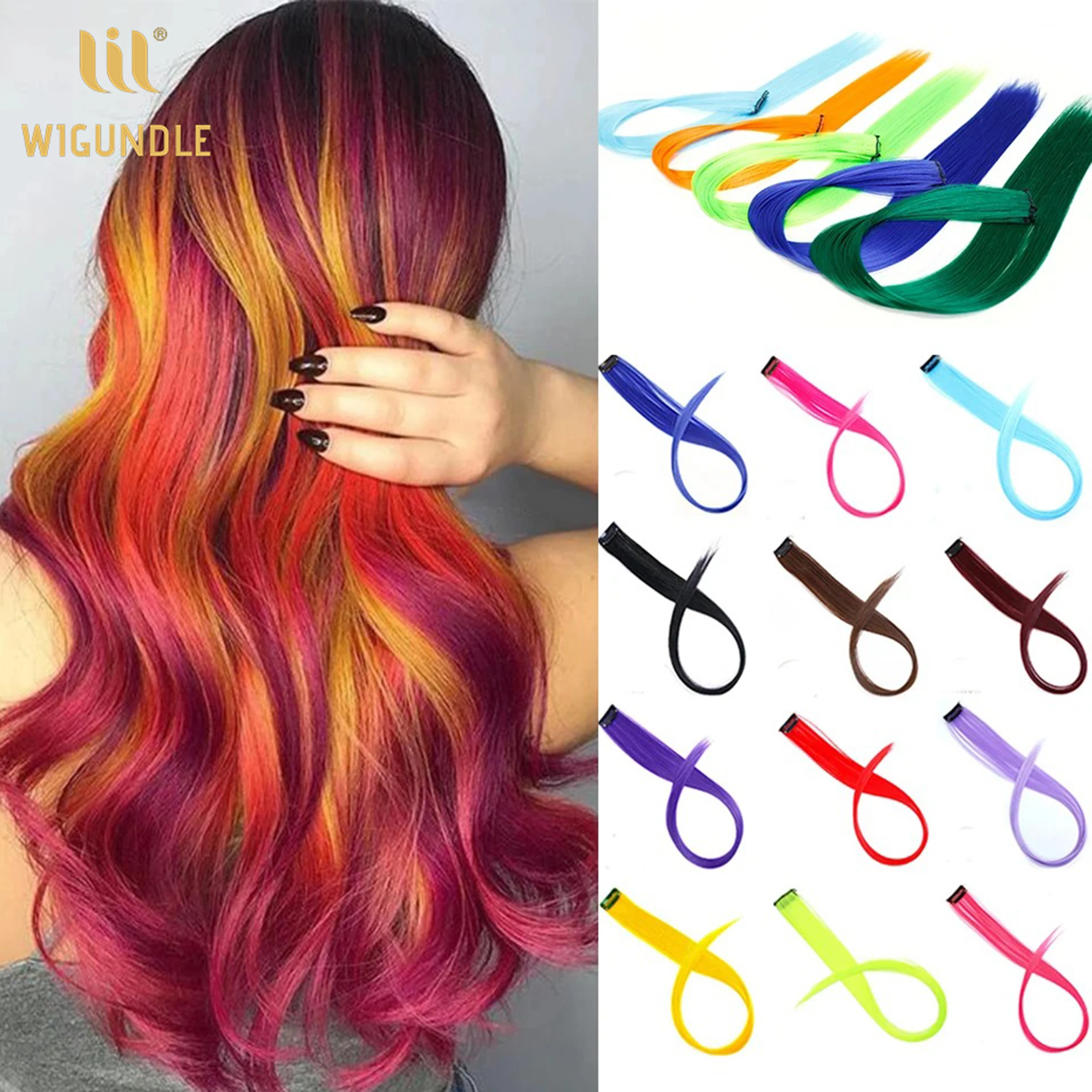 Synthetische 22-Zoll-lange glatte Haarverlängerungen Ombre Rosa Lila Gelb Clip-in-Kunsthaar Regenbogenfarbe Hitzebeständig