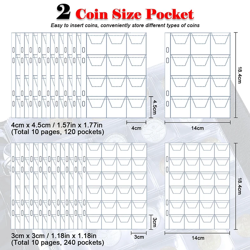 120/360 Pockets Coin Collection Book 10/20 Pages Coin Collection Holder Album Commemorative Coin Organizer Storage