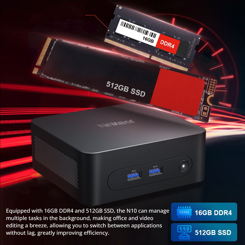 Ninkear-Mini PC N10, Intel N100, 4 Cores Max, 3.4GHz, 16GB de RAM, SSD 512GB, 2.4 GHz, 5GHz, WiFi, Bluetooth 5.0, 3 USB 3.0, 1 USB 2,0, 1 * RJ45