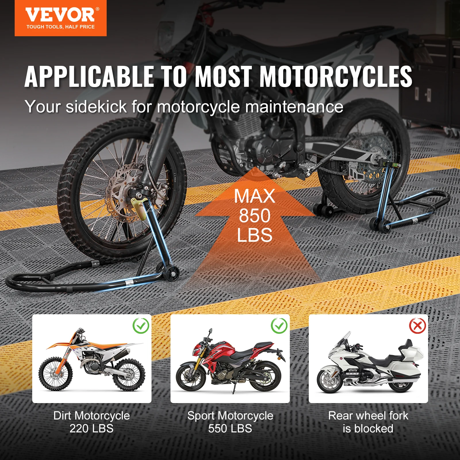 VEVOR Motorcycle Stand Lift, 850lbs Front Rear Combo Stand Lift Stand, Front and Rear Wheel Fork Stand, U+L Fork Swingarm Spool