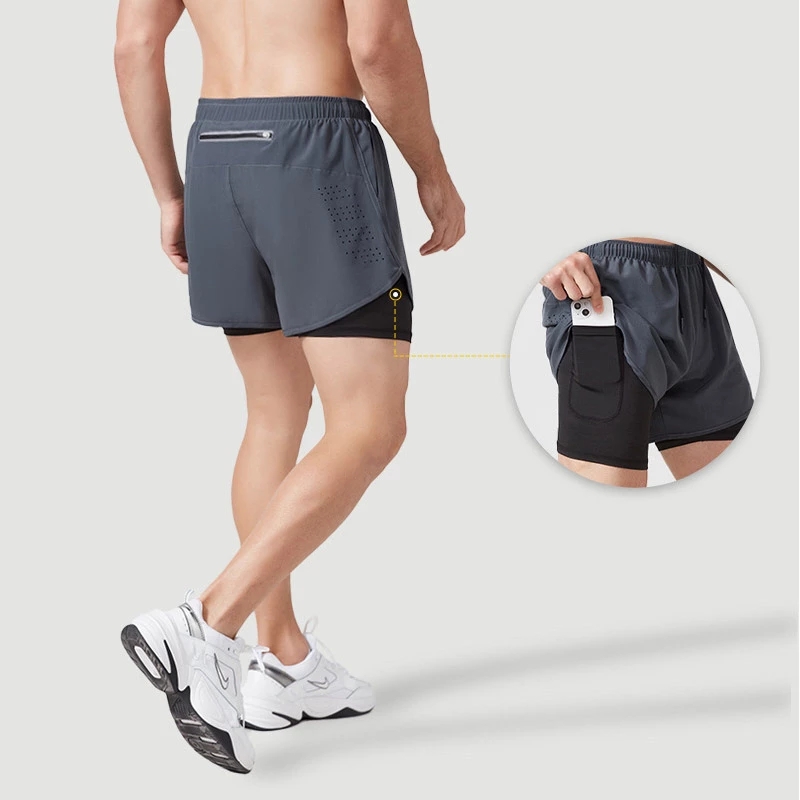 Männer Laufshorts Schnell trocknend Fitness Schwarz Doppel Schicht Shorts Männer Neue Sport Workout Training Bodybuilding Kurze Hosen