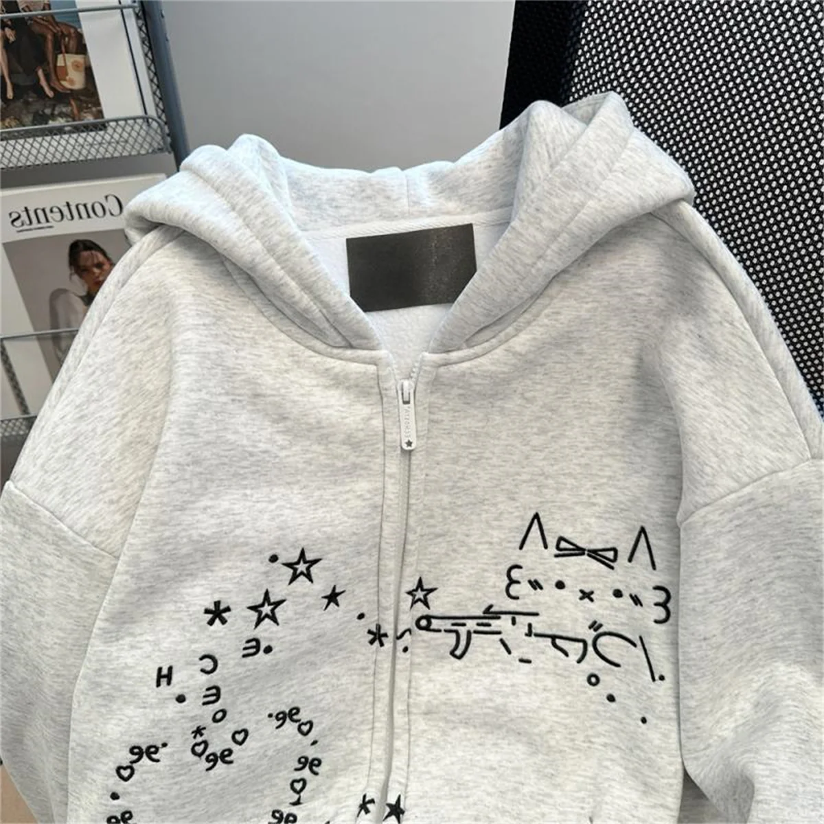 2025 casaco com capuz com estampa de gato fofo primavera e outono coleção esportiva chique com capuz casual com zíper casacos de manga comprida