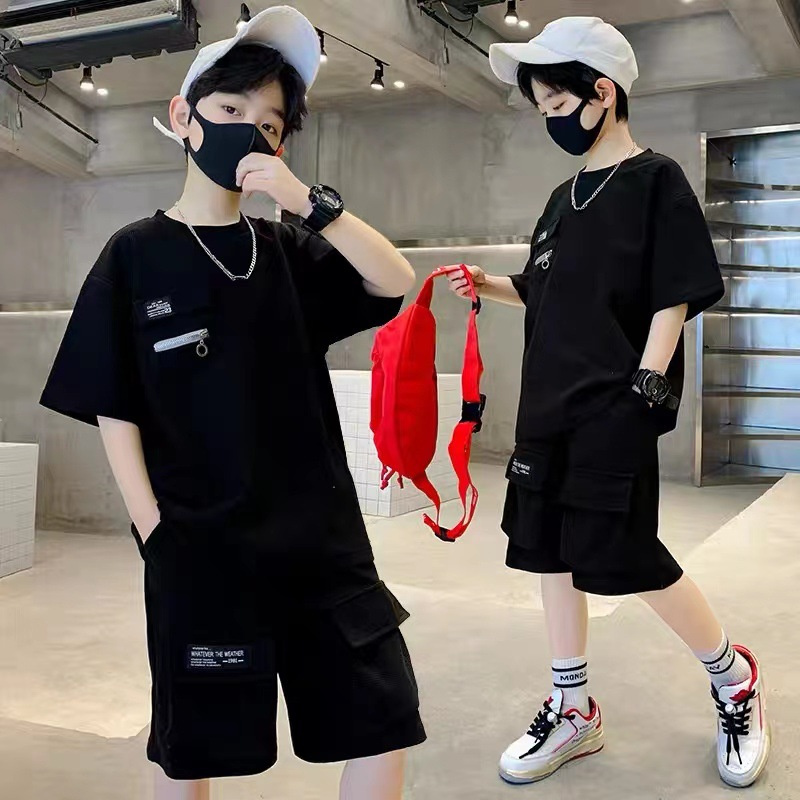 ใหม่ชุดชุดกีฬาเด็กผู้ชายชุด2ชิ้นเสื้อสูทแขนสั้นหลวม + กางเกงขาสั้นสำหรับฤดูร้อน