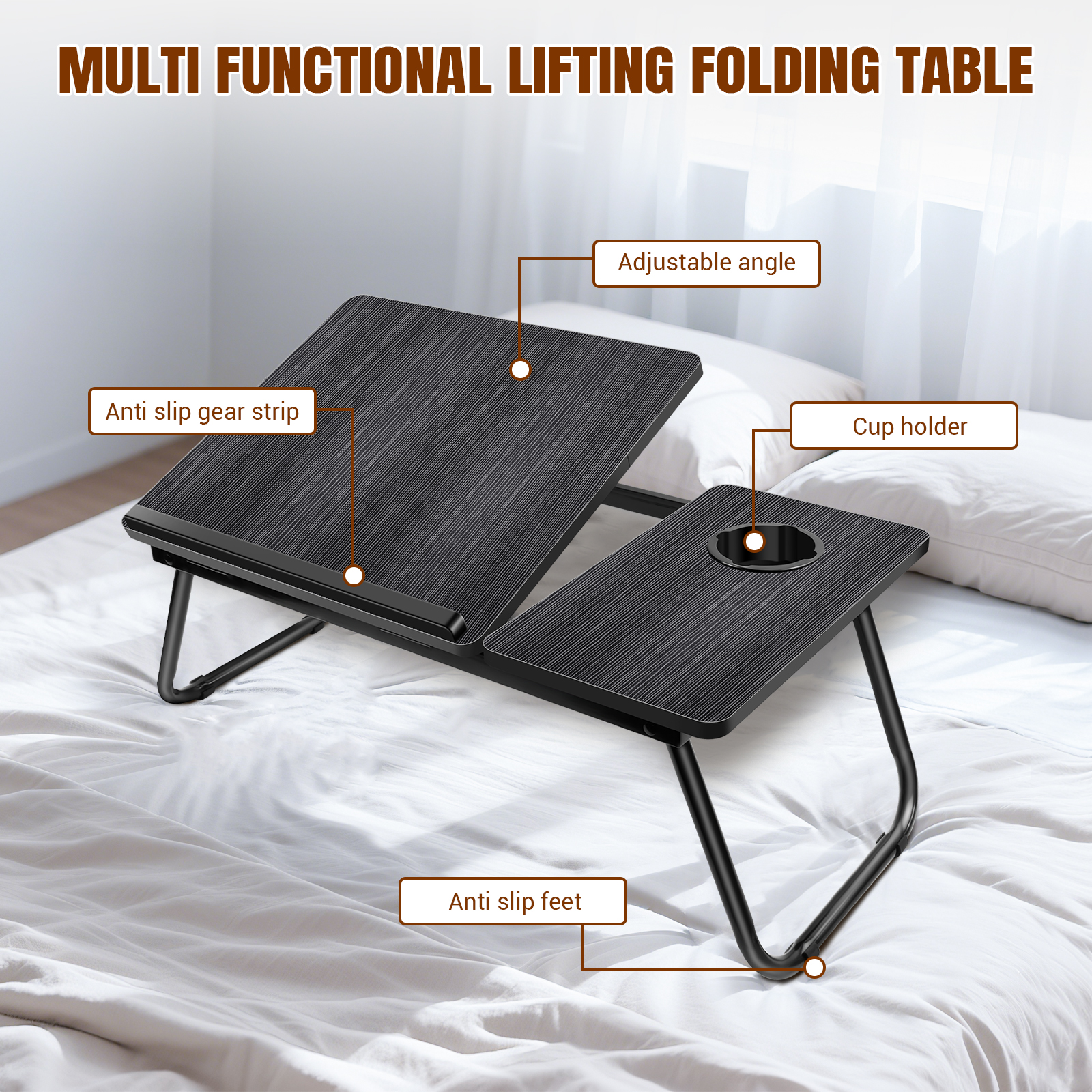 Folding Laptop Desk for Bed ,Tray Laptop Table Desk Bed Sofa Use With tablet slot and cup holder ,5 Adjustable Height,Black