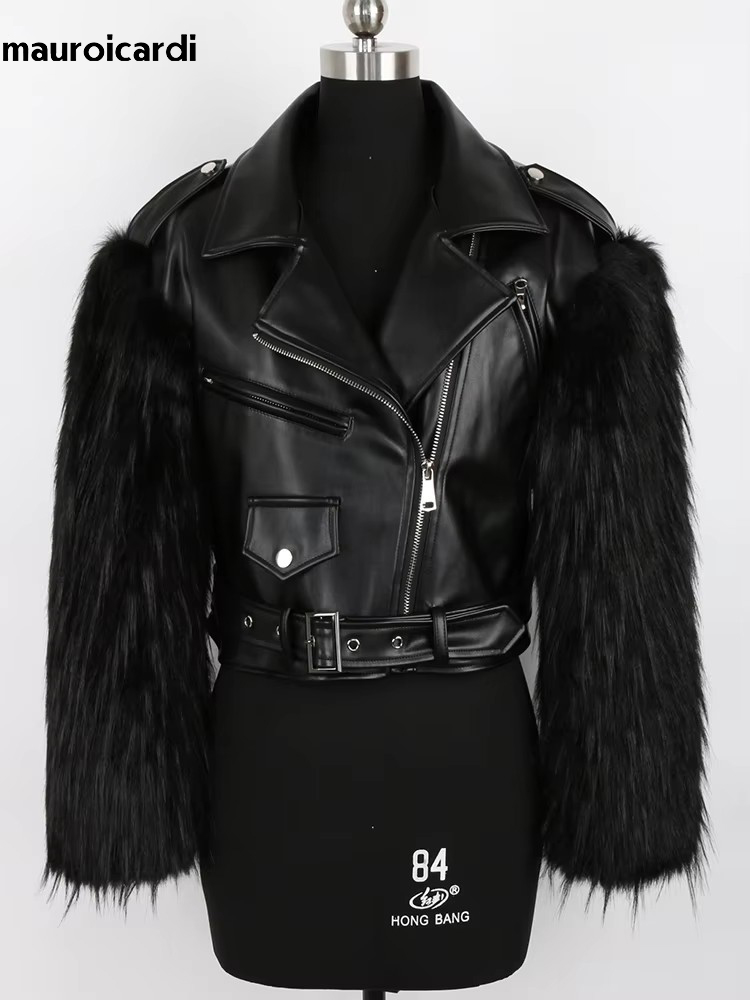 Mauroicardi Winter-Kurze, verdickte, warme, weiche, flauschige, schwarze Patchwork-PU-Leder-Bikerjacke mit Kunstfell innen und Ärmeln