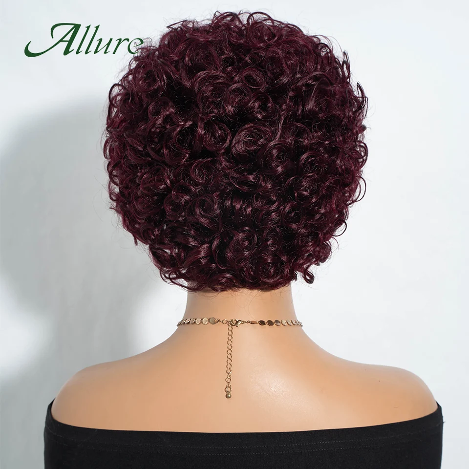 Jerry Curlyวิกผมผมมนุษย์ผู้หญิงสีดํา 10 นิ้วสั้นPixie Afro Kinky CurlyวิกผมกับBangsสีน้ําตาลสีผมWigs Allure