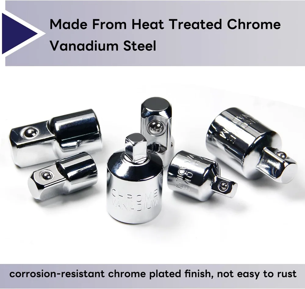 6 Pcs Socket Adapter & Reducer Set - 1/4" 3/8" 1/2" Chrome Vanadium Steel Ratchet/Socket Extension/Conversion Kit for Automotive