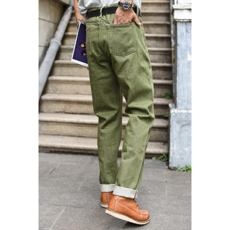 Saucezhan Männer Jeans Vulkanisation Olive Grün 107 Kanten Denim Jeans Männer gewaschen Slim Fit 14 Unzen Zipper Fly