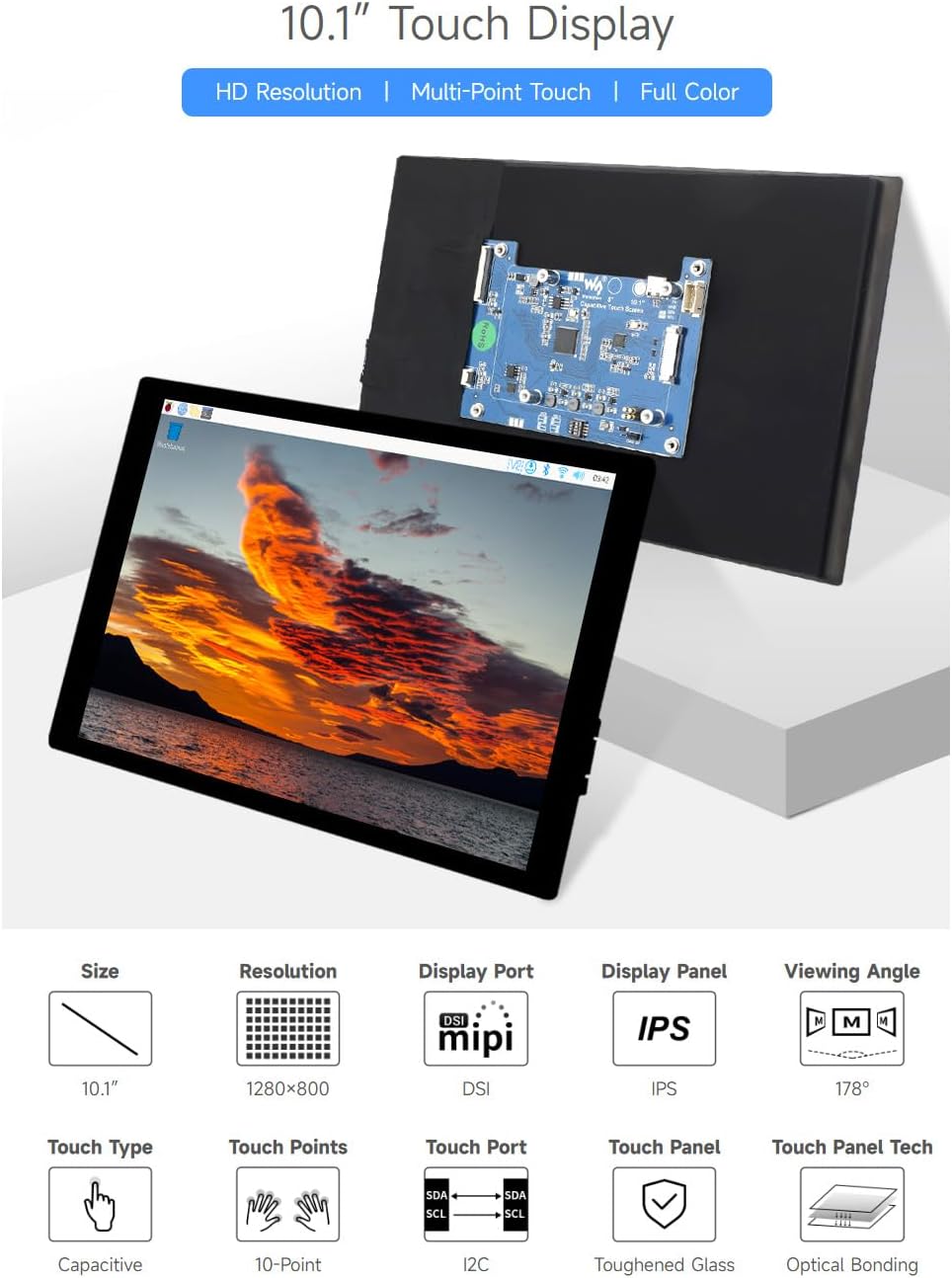 Waveshare 10.1 inch IPS Capacitive Touchscreen DSI Display 1280x800 Pixel 10-point Touch for Raspberry Pi 5/4B/3B+/3A+, CM3/3+/4