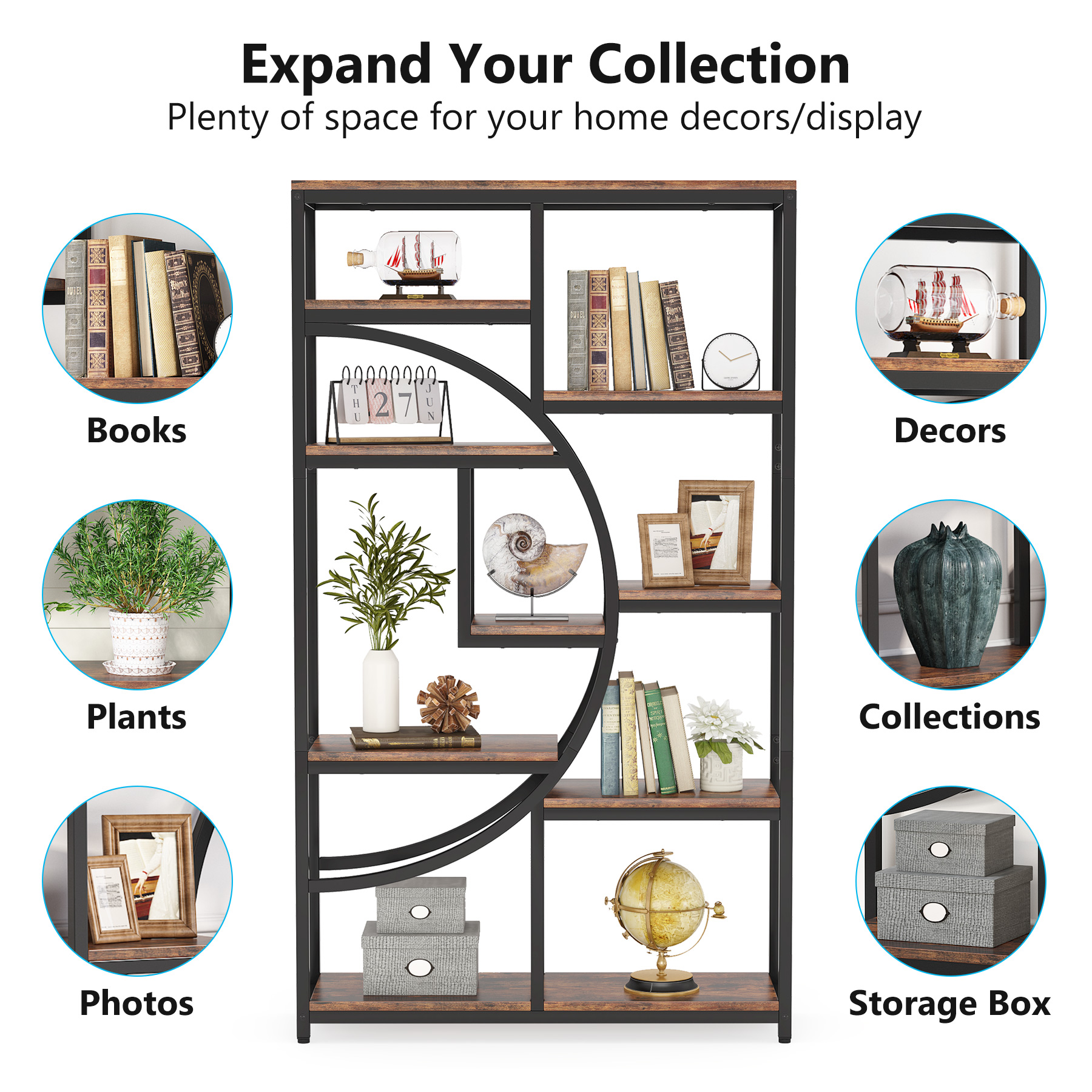 Tribesigns Bookshelf, Industrial 5 Tier Etagere Bookcase, Freestanding Tall Bookshelves Display Shelf Storage Organizer