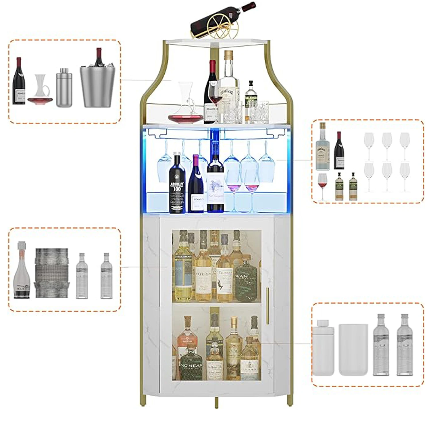 Corner Bar Cabinet,Wine Bar Cabinet with Led Lights and Adjustable Shelf,Corner Liquor Cabinet with Glass Holder and Storage