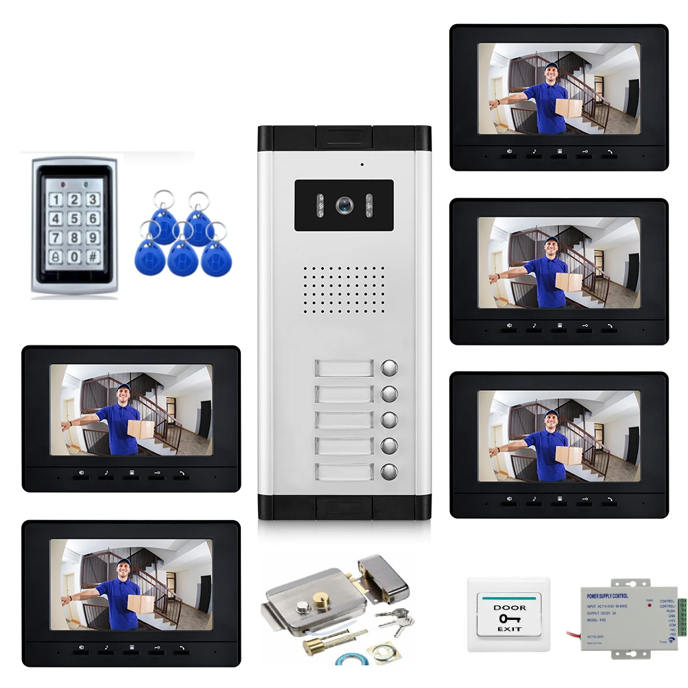 7 Inch Video Deur Telefoon Deurbel Rfid Toegangscontrole En Camera Systeem Voor 2/3/4/5 Unit Multi Appartementen Intercom