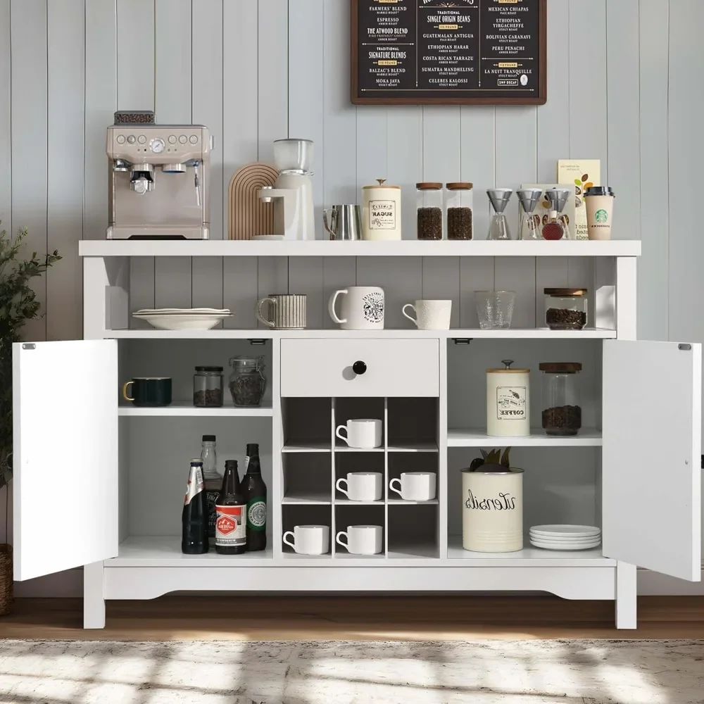 Coffee Bar Cabinet with Storage, 47” White Coffee Bar Station Cabinet, Farmhouse Coffee Bar Buffet Cabinet with Drawer