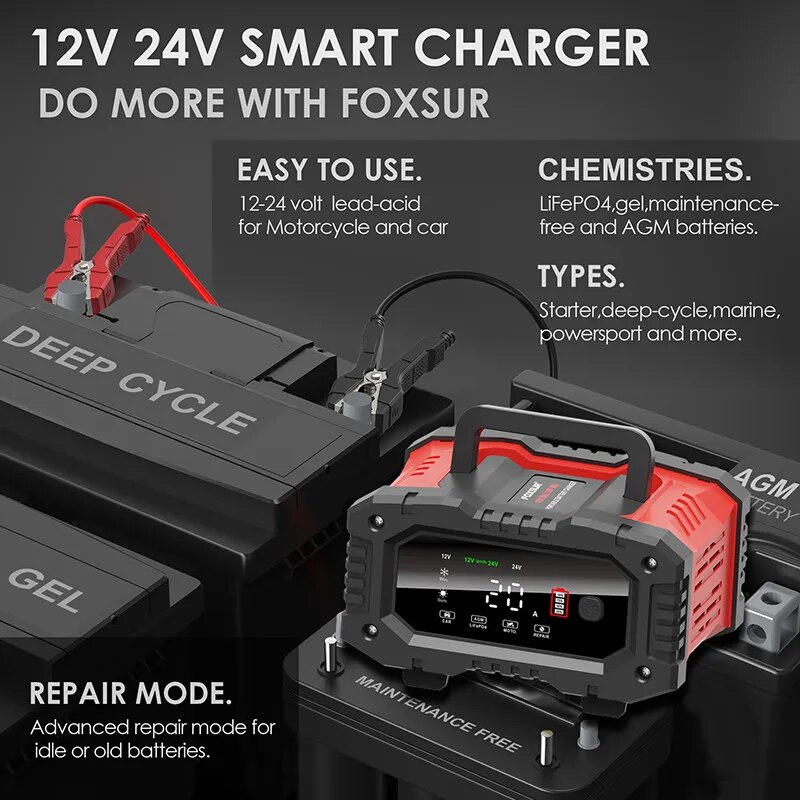オートバイ用バッテリー充電器20a/10a 12v/24vスマート充電器リチウムagmゲル鉛酸Lifepo4バッテリー充電器