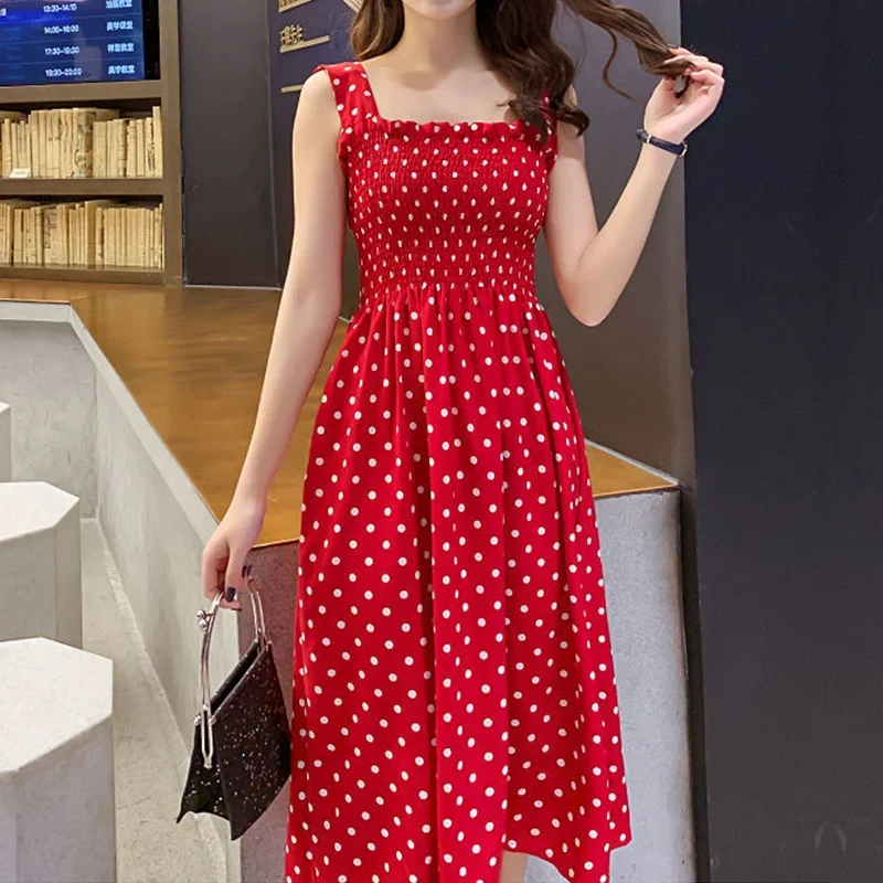Robe femme verão bolinhas vestidos femininos elegante pescoço quadrado sem mangas chiffon vestido longo super desconto vestidos para mujer