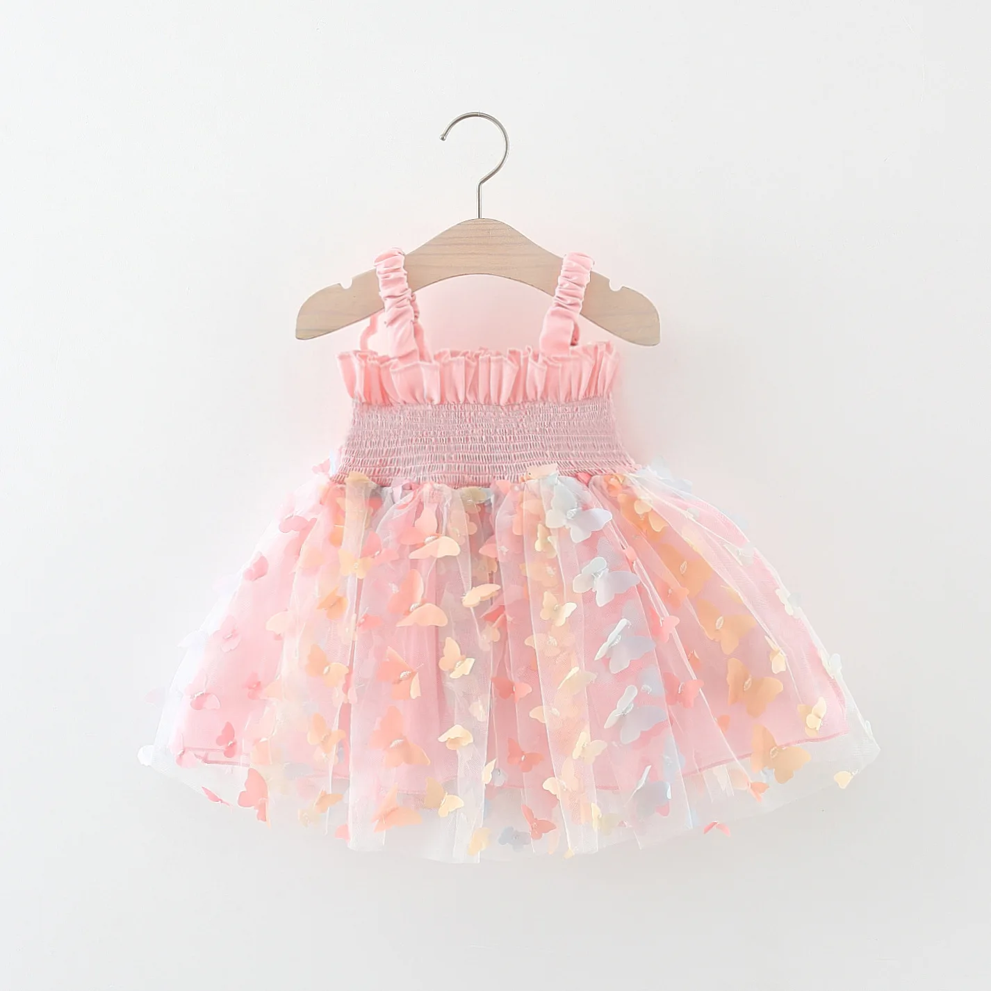 Vestido camisola de verão para meninas com estampa de borboleta arco-íris malha patchwork asas de borboleta sem mangas saia fofa