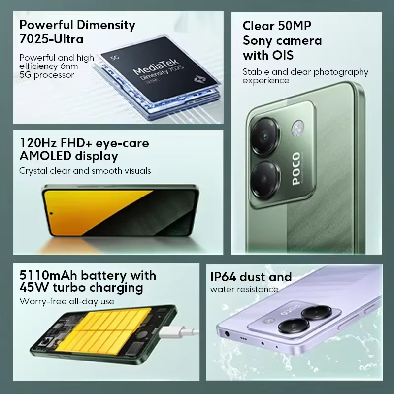 【Marchio+】 Il più recente POCO M7 Pro 5G Versione globale Dimensity 7025-Ultra 120Hz FHD+ Display AMOLED per la cura degli occhi Batteria 5110mAh NFC