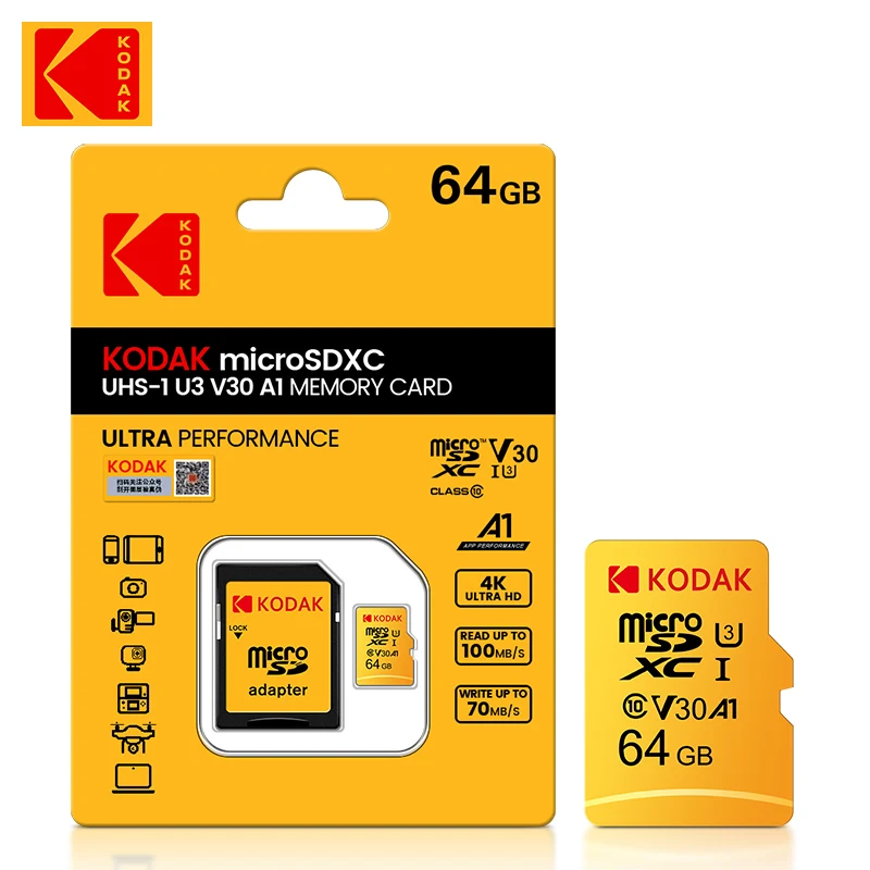 Карта памяти KODAK 64G Ultra 64 ГБ A1 U3 4K Micro SD SDHC Microsd UHS-I C10 TF Performance Flash Original Minisd с адаптером
