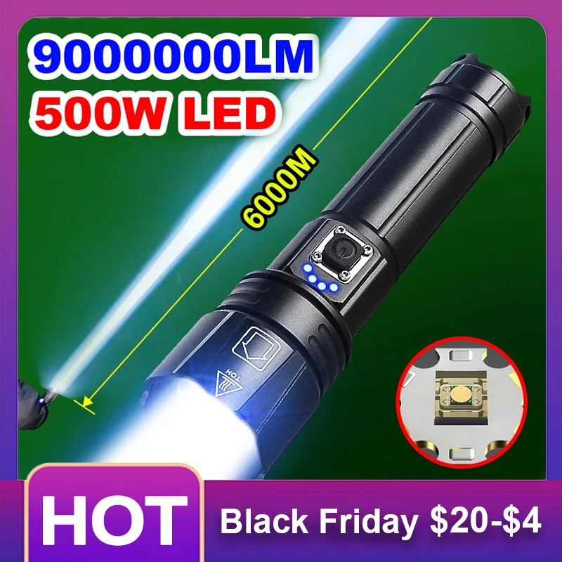 9000000LM Đèn pin LED mạnh nhất 500W Đèn pin sạc USB 6000Meter XHP360 Đèn pin công suất cao Đèn lồng chiến thuật