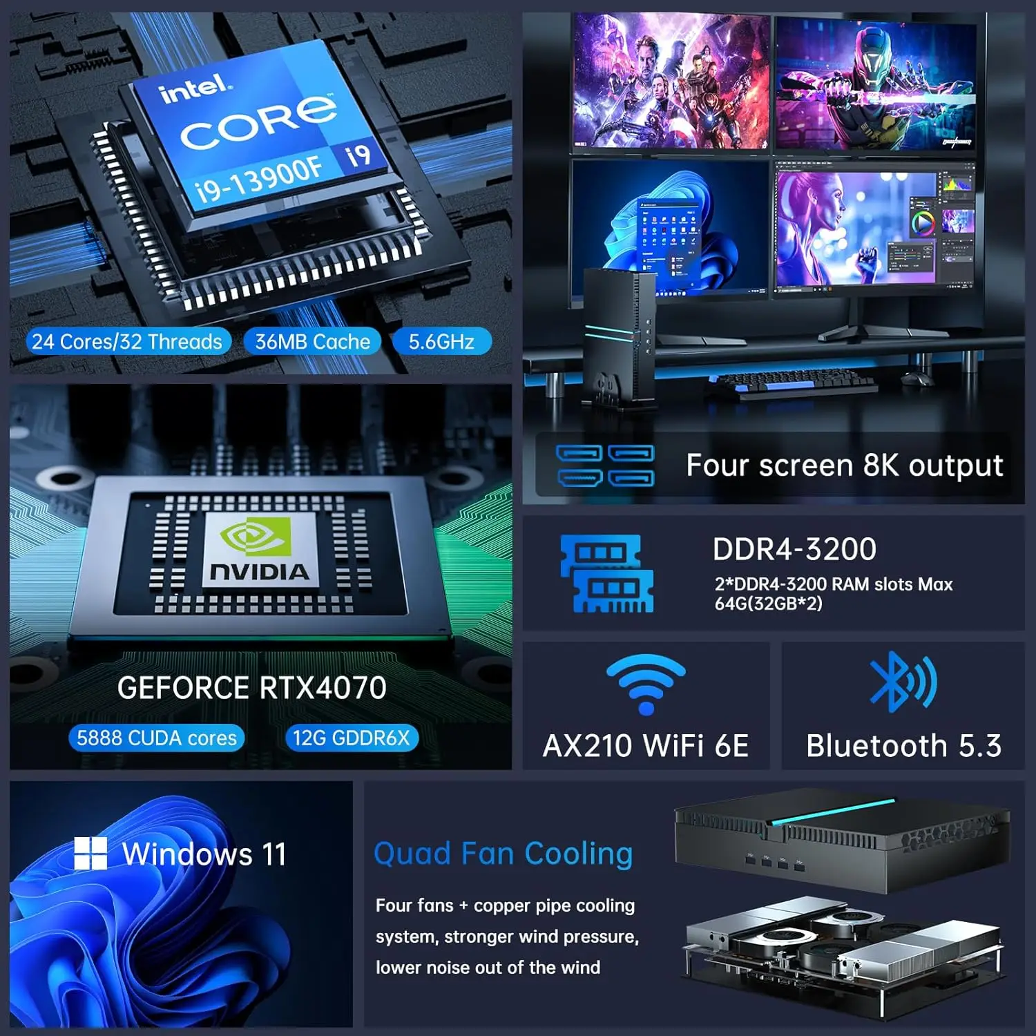 13th Gen Gaming Mini PC Intel i9 13900F i7 13700F 13400F NVIDIA RTX 4070 12G Windows 11 Gamer Computer Mini Tower Desktop WiFi6