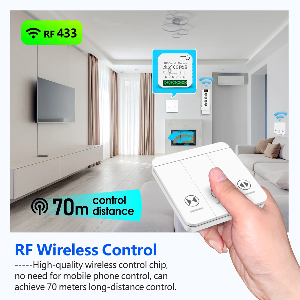 Módulo de interruptor de cortina rf 433 mhz, ac 220v 10a, controladores de obturador com controle remoto sem fio para motor de persianas motorizadas