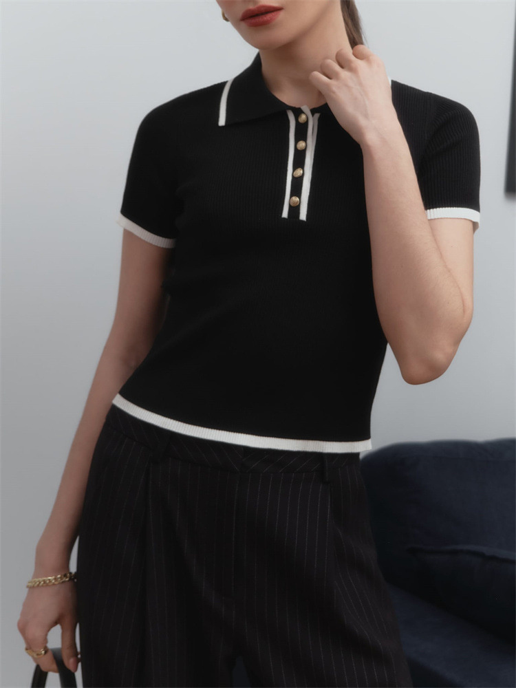 Glänzende Strick pullover Pullover Frauen Kurzarm Patchwork schlanke Revers elegante Kontrast Strickwaren Top weibliche dünne gerippte Pullover