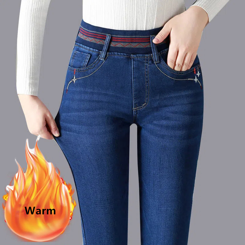 Winter Plüsch Samt gefüttert Bleistift Jeans Frauen verdicken dünne Jeans hose mit hoher Taille warme große Größe 36 Stretch Kot Pantolon Stretch