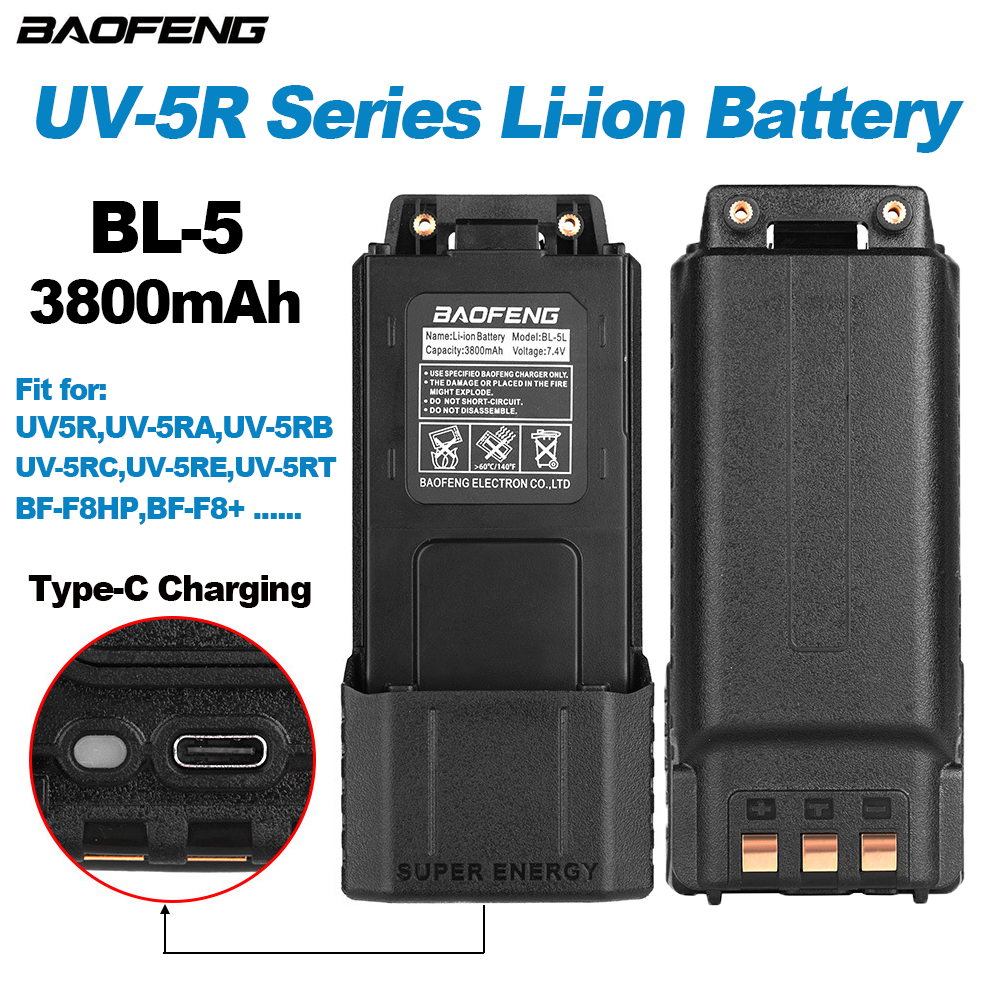 BL-5 Baofeng UV-5R Series Walkie Talkie Литий-ионный аккумулятор большой емкости 3800 мАч Type-C для UV5R UV-5RT BF-F8HP F8 + двусторонней радиосвязи