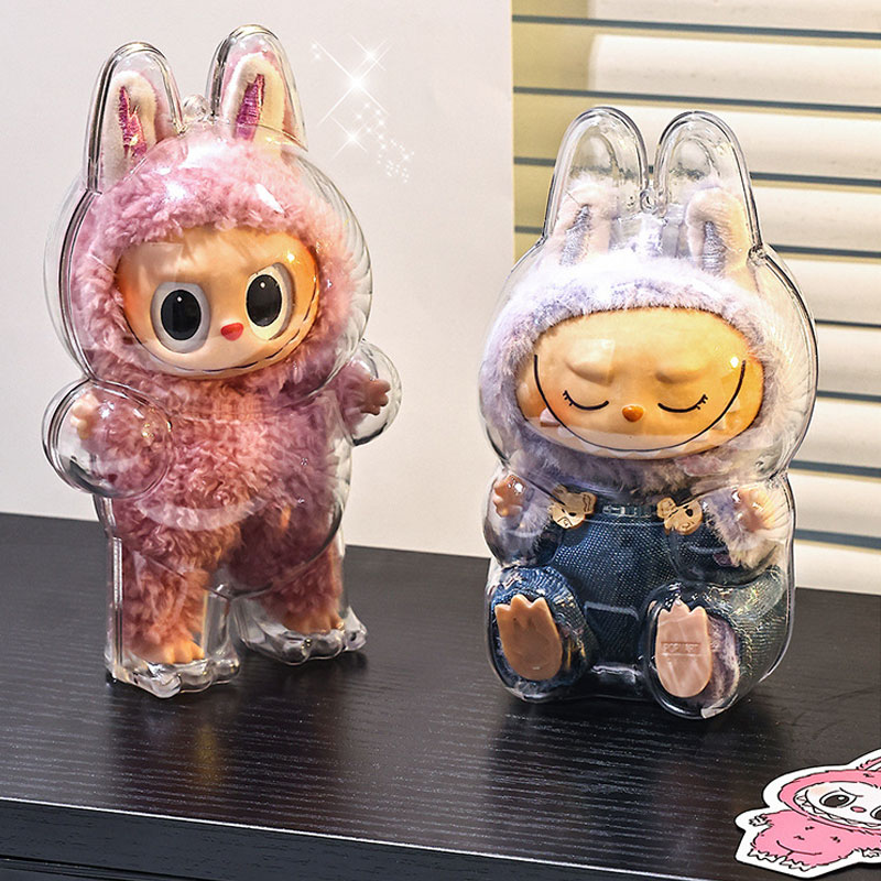 17CM Labubu Protector Case V1 V2 Protector Cover Volledige Clear Staande Zitten Wandelen Pluche Poppen Display Tas Pop accessoire