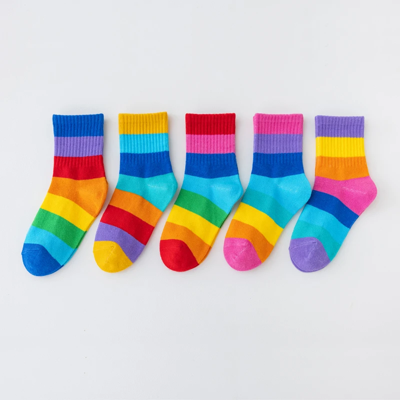 5 pares de calcetines con estampado de arcoíris para niña, calcetines suaves y transpirables cómodos de algodón para niños