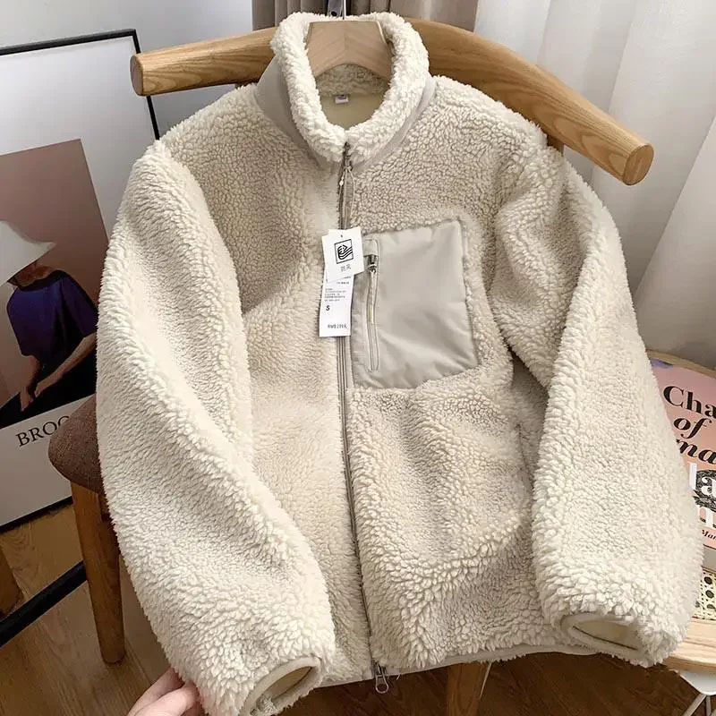 Outono e inverno japonês masculino e feminino velo gola jaqueta casal zíper solto quente casaco de lã de cordeiro jaqueta de cor sólida