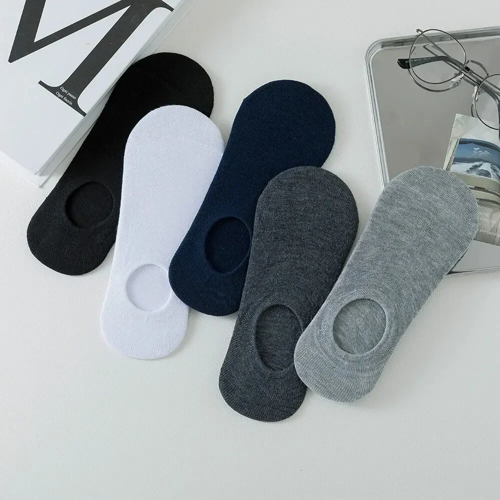 5 pares de calcetines invisibles y zapatillas para hombre, calcetines náuticos, calcetines tobilleros antideslizantes de algodón y silicona de Color sólido para verano para hombre