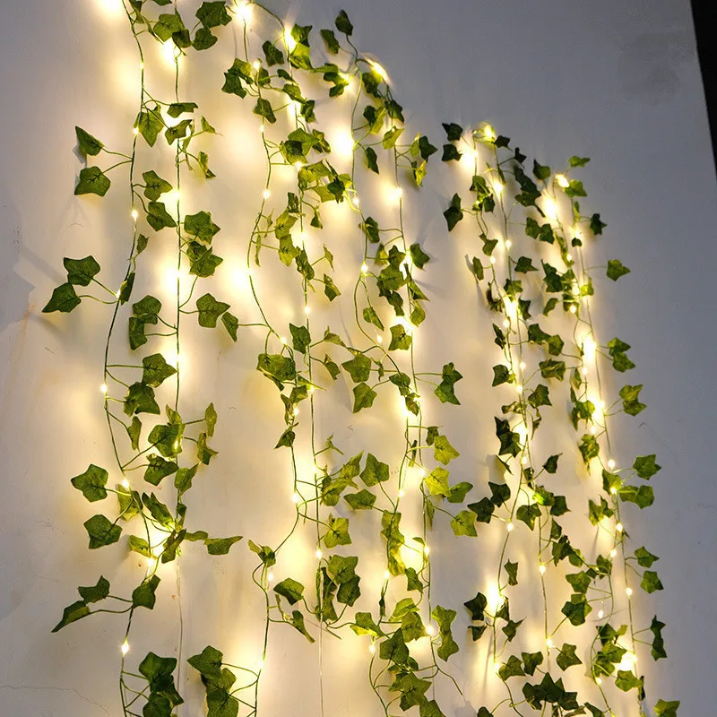 Guirnalda de luces de hojas verdes y flores, guirnaldas de vid artificiales con batería, guirnalda de árbol de Navidad, luz para deshierbe, decoración del hogar