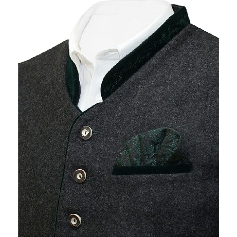 Elegante Lodenweste für Herren – traditionelle ärmellose Weste mit Brokat-Einsteck |   Anthrazitgraue Hochzeitsweste, Festival &
