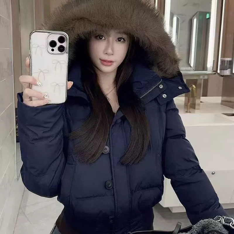 Parki damskie z kapturem i kołnierzem z koreańskiego futra, modne, krótkie, ocieplane bawełną, zimowe kurtki damskie, niebieskie, codzienne, ciepłe płaszcze parki.