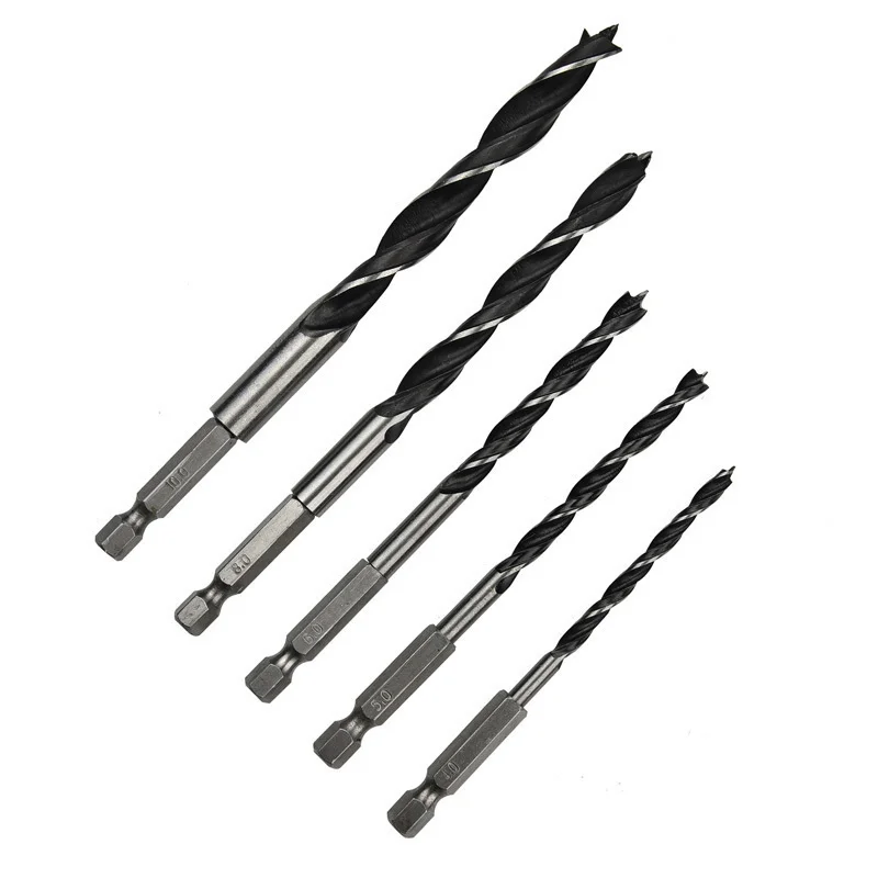 5pcs 1/4" 4/5/6/8/10mm Three Pointed Woodworking Drill Bit Set Round / Hexagonal Handle Woodworking Hole Reaming Power Tool