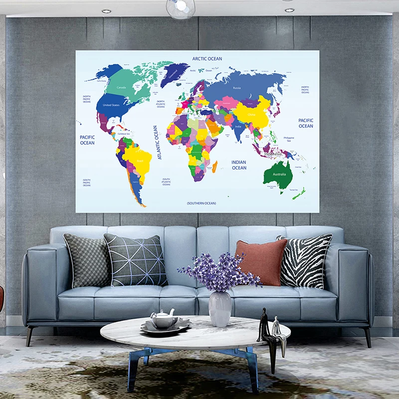 Carte du monde colorée Non tissée, 150x100cm, plaque de pays, affiche de décoration murale pour bureau et école