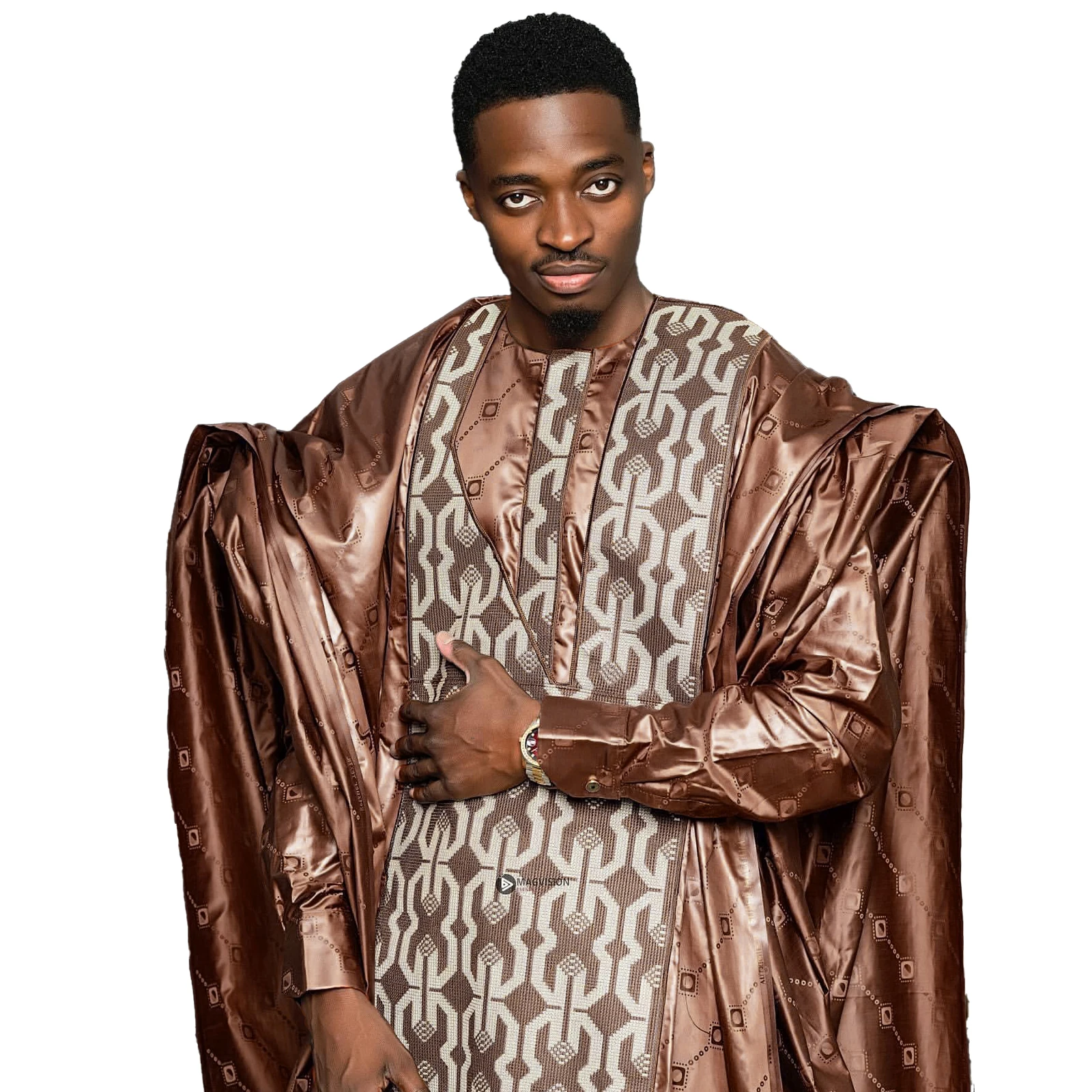 Afrikanische Kleidung für Männer, traditionelles Bazin Riche Stickerei-Design, Oberteil, langärmelig, 3-teiliges Set