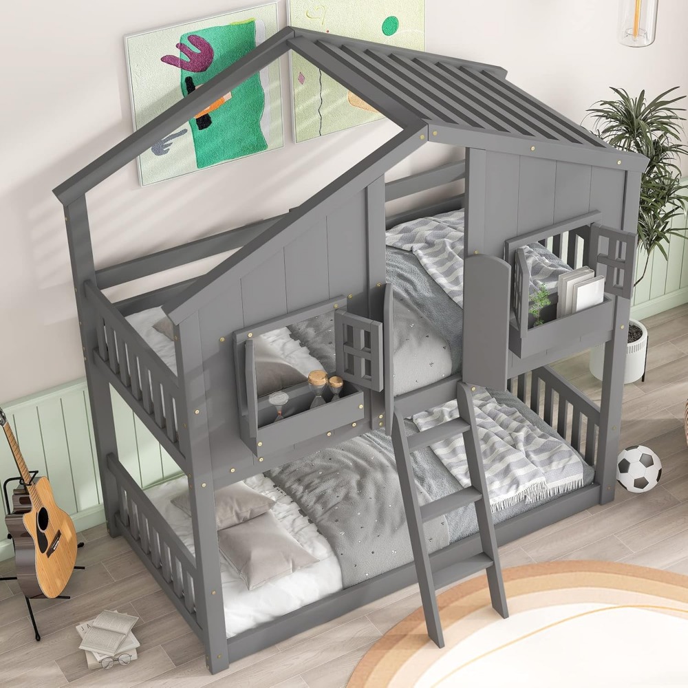 House Bunk Bed Twin Over Twin for Kids, Wood Bunk Beds, Floor Bunks Beds with Ladder and Guard Rails for Girls Boys,Grey