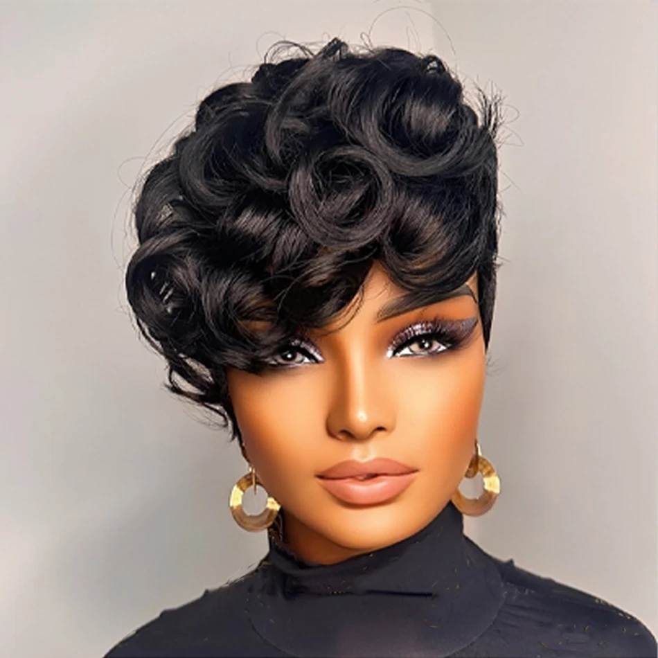 1B #   Pixie corte peruca de cabelo humano para mulher 6 "em camadas curto solto encaracolado com franja 180% densidade remy cabelo brasileiro rosa net boné