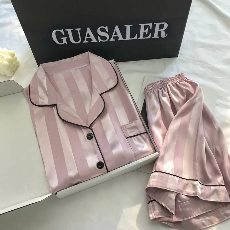 1 conjunto feminino elegante lounge conjunto, plus size cetim listrado botão até camisa de manga longa e calças pijamas