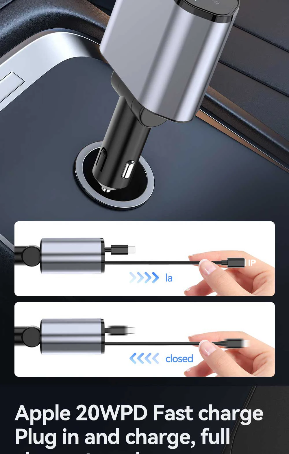 ที่ชาร์จแบตในรถแบบพับเก็บได้, ที่ชาร์จแบตในรถแบบชาร์จเร็ว 4 in 1 120W, สายเคเบิลแบบพับเก็บได้และพอร์ต USB 2 พอร์ตที่รองรับอะแดปเตอร์ชาร์จไฟในรถยนต์