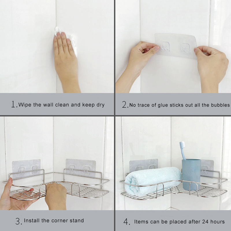 Stainless Steel Triangular Holder Shelf Wall Mounted Adhesive Shampoo Shower Storage Rack Kitchen Bathroom Organizer