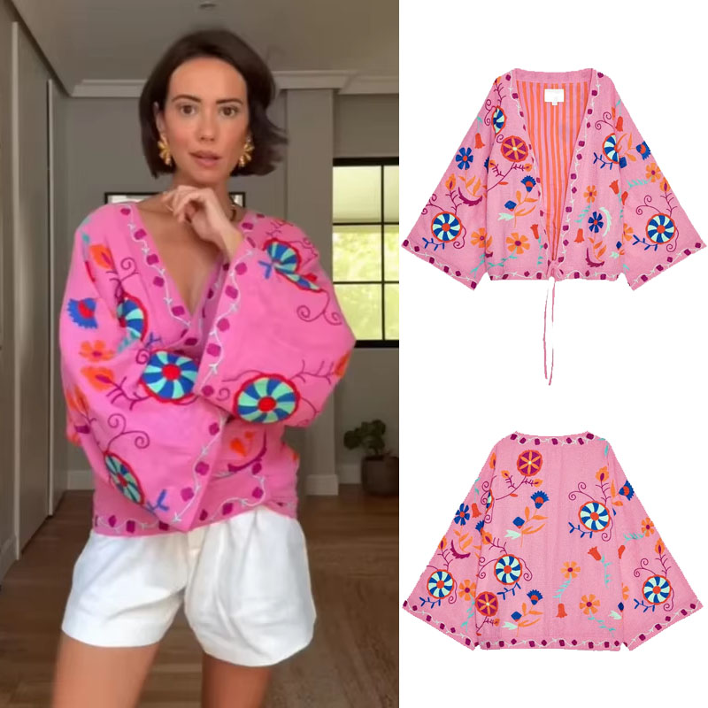 Шикарная женская куртка с вышитым принтом, модная женская куртка с v-образным вырезом и длинными рукавами на шнуровке, осень 202, новая женская уличная одежда, верхняя одежда