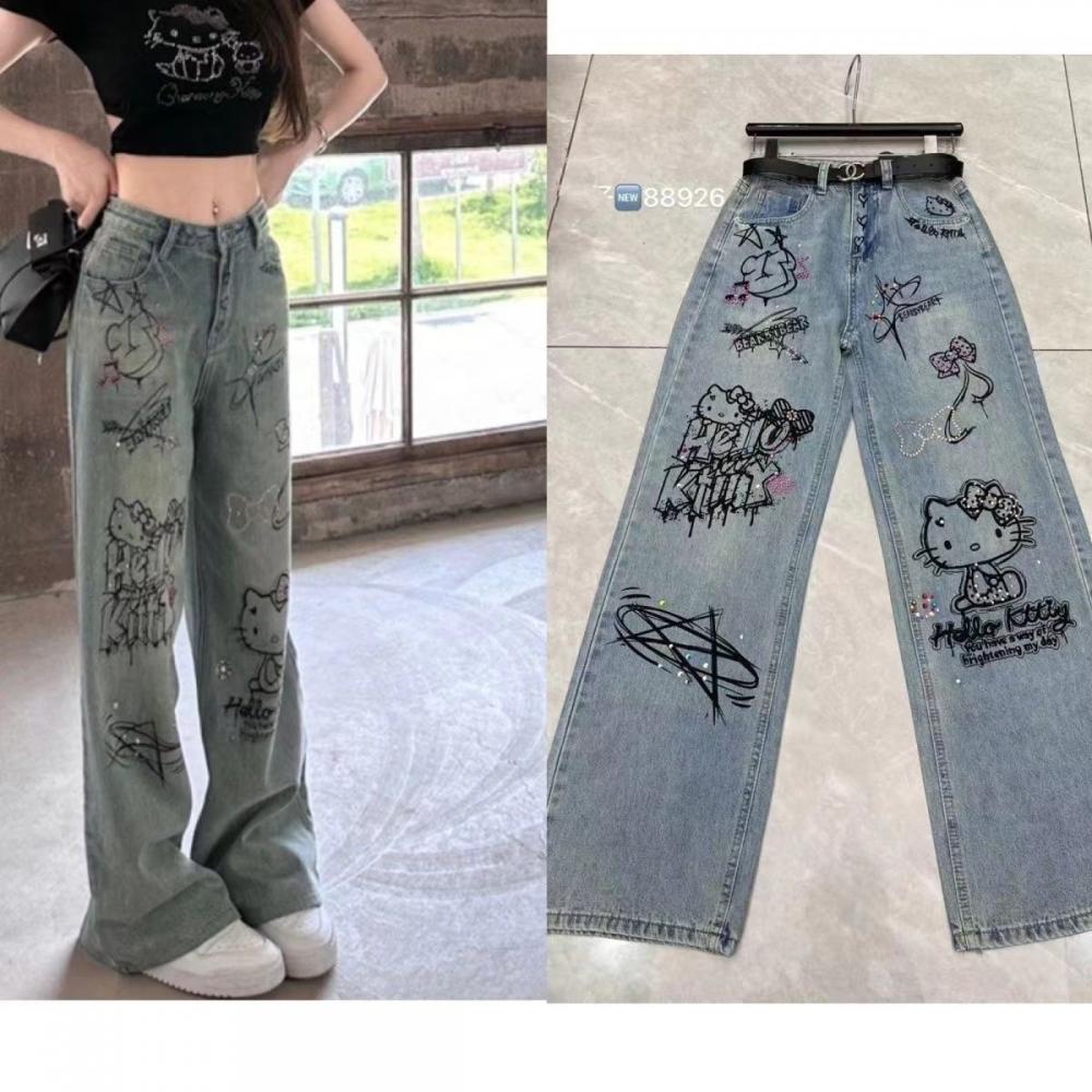 Sanrio Hello Kitty Baumwolljeans, Cartoon-Komfort, lockere Hose mit weitem Bein, niedliche Originalität, weiche Hose mit geradem Bein, süßes Mädchen-Geschenk